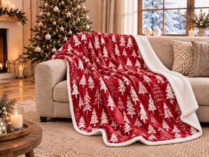 Koc bożonarodzeniowy z mikropluszu CHRISTMAS TREES czerwony Rozmiar: 160 x 200 cm