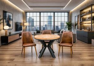 Stół okrągły rozkładany loft x fi 100 + 2 x 50 cm + Krzesła 4 OLO Skóra