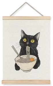 Plakat z motywem ramen (zupą japońską) i czarnym kotem, w ramie, 30x40 cm, idealny do kuchni