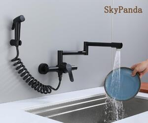 Bateria kuchenna montowana na ścianie, obrotowa o 360°, z regulacją temperatury (ciepła i zimna), wykonana ze stali nierdzewnej 304, kolor czarny, przeznaczona do kuchni