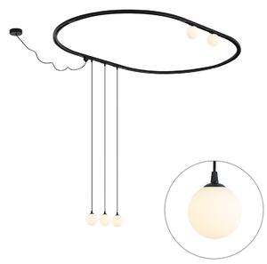 Nowoczesny owalny system szynowy czarny z 3 lampami wiszącymi i 2 lampami sufitowymi białymi 1-fazowy - Iconic Perle