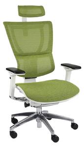 Ergonomiczny fotel biurowy Ioo WS KMD34 z siatkowym, zielonym oparciem i zagłówkiem. Nowoczesny design