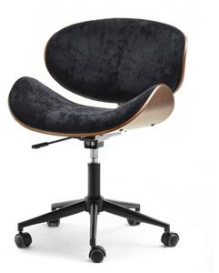 Drewniane krzesło biurowe z kółkami swing orzech z czarną tkaniną na czarnej nodze