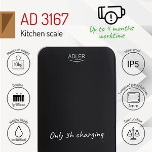 Adler AD 3167b waga kuchenna do 10kg ładowana przez USB wodoodporna czarna