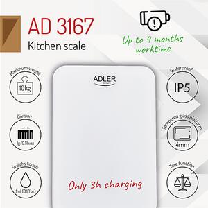 Adler AD 3167w waga kuchenna do 10 kg ładowana przez USB wodoodporna , biała