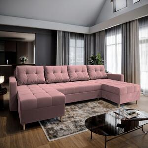 Masseno Narożnik MILO z funkcją spania i pojemnikiem na pościel Narozniki U, Rozkładana sofa - Pudrowy róż, KRONOS 27