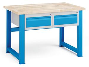 Stół warsztatowy KOVONA, 2 szuflady na narzędzia, blat z drewna bukowego, stałe nogi, 1200 mm