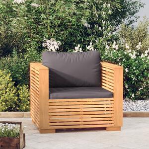 Siedzisko ogrodowe z ciemnoszarymi poduszkami, drewno tekowe