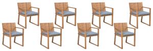 Komplet 8 krzeseł na ogród jasne drewno akacji niebieskie poduszki Sassari Beliani