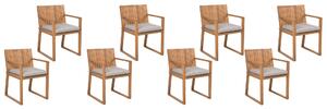 Komplet 8 krzeseł na ogród jasne drewno akacji brązowoszare poduszki Sassari Beliani