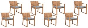 Komplet 8 krzeseł na ogród jasne drewno akacji szare poduszki Sassari Beliani