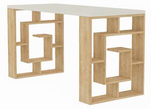 Designerskie biurko z półkami i grubym blatem dąb/biały