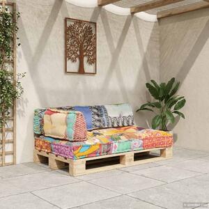 Sofa z poduszek na paletę, tkanina, wielokolorowy patchwork