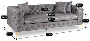 Sofa SORRENTO 3S Trzyosobowa Szara Welurowa Nowoczesna Glamour