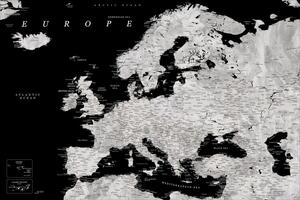 Plakat, Obraz Blursbyai - Black and grey detailed map of Europe, (120 x 80 cm)