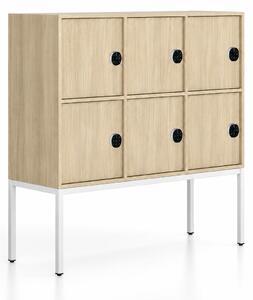 Szafa biurowa FRAME, niska, podstawa biała, 6x drzwi, 1299 x 450 x 1331 mm, mechaniczny zamek szyfrowy, dąb naturalny