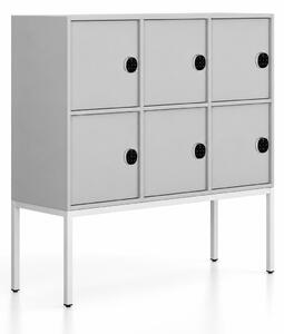 Szafa biurowa FRAME, niska, podstawa biała, 6x drzwi, 1299 x 450 x 1331 mm, mechaniczny zamek szyfrowy, szary