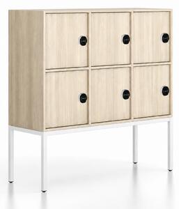 Szafa biurowa FRAME, niska, biała podstawa, 6x drzwi, 1299 x 450 x 1331 mm, zamek RFID, dąb naturalny