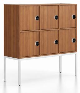 Szafa biurowa FRAME, niska, biała podstawa, 6x drzwi, 1299 x 450 x 1331 mm, zamek RFID, orzech