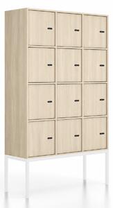 Szafa biurowa FRAME, podstawa biała, 12x drzwi, 1299 x 450 x 2185 mm, mechaniczny zamek szyfrowy, dąb naturalny
