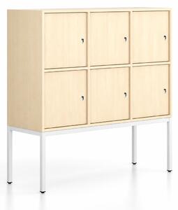 Szafa biurowa FRAME, niska, podstawa biała, 6x drzwi, 1299 x 450 x 1331 mm, zamek cylindryczny, brzoza