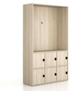 Szafka biurowa FRAME, 6x drzwi, z wnęką, 1299 x 450 x 2162 mm, mechaniczny zamek szyfrowy, dąb naturalny