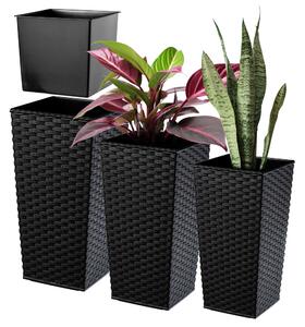 Donice na kwiaty z wkładem Pesaro rattan 19 cm + 25 cm + 30 cm, czarne