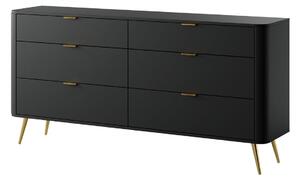 Komoda Oval z sześcioma szufladami, czarna 173 cm, do salonu, do jadalni, czarna, wysokie nóżki, złote nóżki