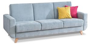 Skandynawska sofa kadi błękitna z funcją spania i pojemnikiem na bukowych nogach