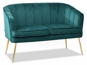 Komfortowa sofka estel zielona welurowa 2-osobowa na złotej podstawie
