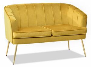 Designerska mała kanapa estel żólta z weluru dwuosobowa na złotej nodze