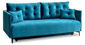 Komfortowa sofa rozkładana molly turkusowa z pikowanego weluru na czarnych nóżkach