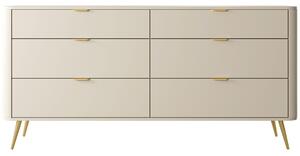 Komoda Oval z sześcioma szufladami, beż piaskowy 173 cm, elegancka, nowoczesna, do salonu, złote nóżki, wysoka