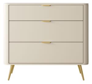Komoda Oval z trzema szufladami piaskowy beż 93 cm, do salonu, do przedpokoju, wysoka, beżowa, złote nóżki