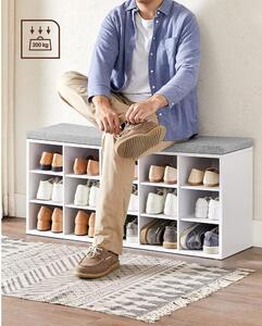 Biała ławka na buty z tapicerowanym siedziskiem i 15 przegródkami na buty