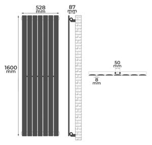 Grzejnik pionowy, podłączenie centralne, 1600 x 528 x 52 mm