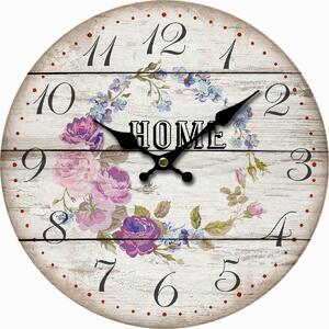 Drewniany zegar ścienny Home and flowers, śr. 34 cm