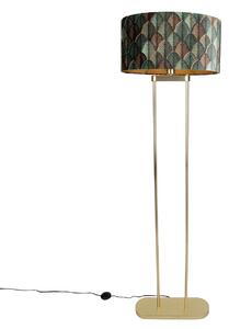 Mosiężna lampa podłogowa z owalnym kloszem z motywem liści i złotym wnętrzem 50 cm - Thijmen