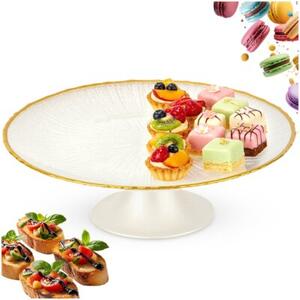 Patera na tort na nóżce szklana biała złota 21 cm