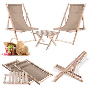 Zestaw stolik kawowy do leżaków Anjouin naturalny + 2 leżaki drewniane cappuccino