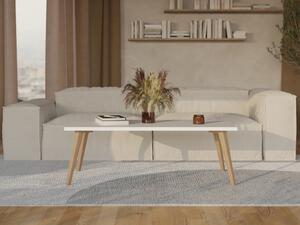 Stolik kawowy z białym blatem i drewnianymi nogami w skandynawskim stylu