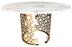 Okrągły stół ze złotą podstawą ażurową Jasmine biały marmur