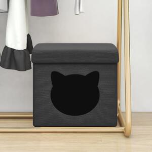 Składany stołek ze schowkiem i kotem, czarny, tkanina