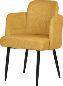 Krzeso do jadalni ML-Design pokryte tkanin w kolorze musztardowym Krzeso kuchenne z podokietnikiem i oparciem o wygldzie rattanu Krzeso tapicerowane z metalowymi nogami Ergonomiczne krzeso do salonu