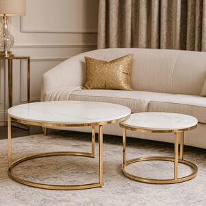 Zestaw Stolików Kawowych MILANO 60 cm/80 cm Biały Marmur/Złoty Glamour