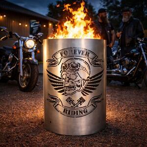 Beczka na ogie / kosz na ogie „Forever Riding” – motyw motocyklowy z czaszk – solidna stalowa beczka na ogie do ogrodu i na taras
