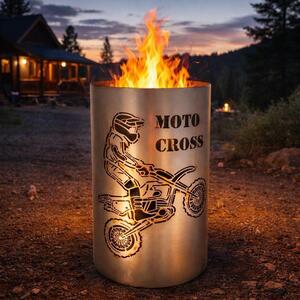 TiKo-Design® Stalowy kosz na ognisko Moto Cross – kosz na ognisko z motywem motocyklisty do ogrodu i na taras