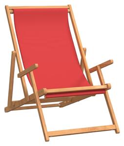 Składany leżak plażowy, lite drewno tekowe, czerwony