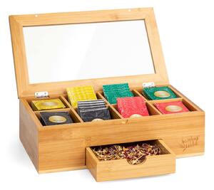 Klarstein Pudełko na herbatę w torebkach, z dodatkową szufladką, 8 przegródek, 120 torebek, wziernik z tworzywa sztucznego, bambus