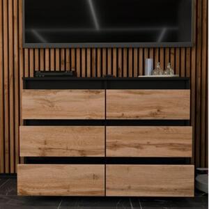 Komoda STIVMEBLE z 6 Szufladami Czarny Mat DÄ b Wotan Loft 100x33,5x71,5 cm